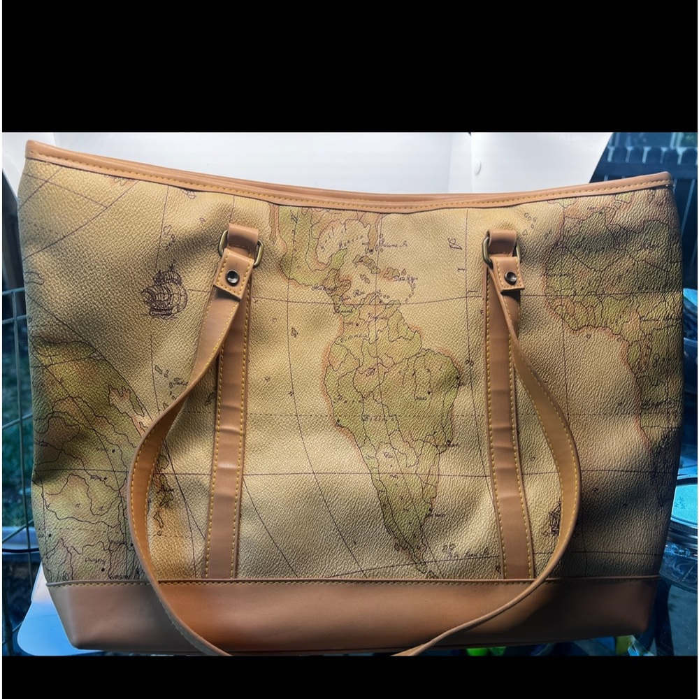 Vintage Allan Edward World Map Handbag Purse Shoulder Bag Large Tan